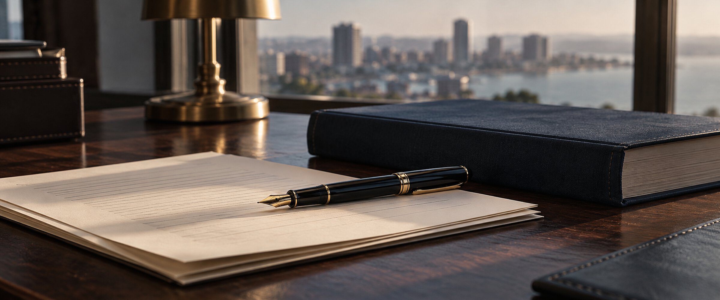 Fountain pen resting on contract pages beside a bound statute book